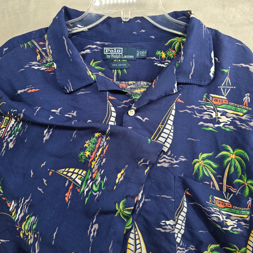 Polo Ralph Lauren Size 2XLT Blue Hawaiian Sailboat Rayon Short Sleeve Shirt
